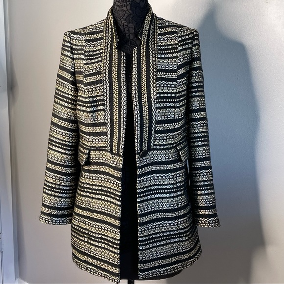 Chicos Gold Black Striped Tweed Long Jacket - Picture 1 of 16